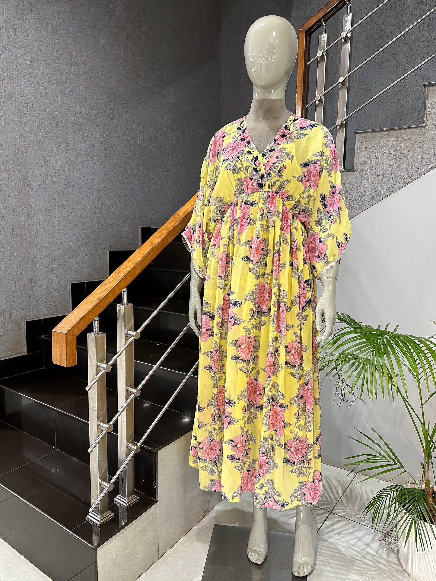 Yellow Floral Georgette Gown with Cotton Inner | Lightweight Flow Dress