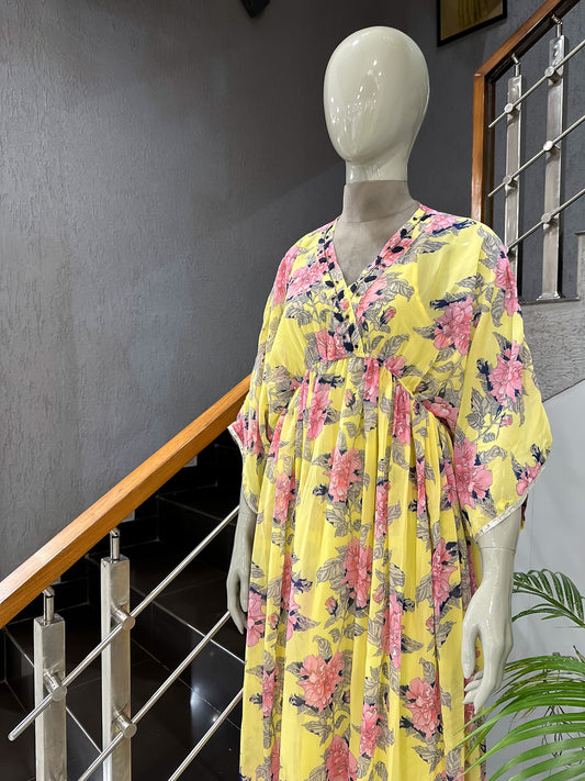 Yellow Floral Georgette Gown with Cotton Inner | Lightweight Flow Dress