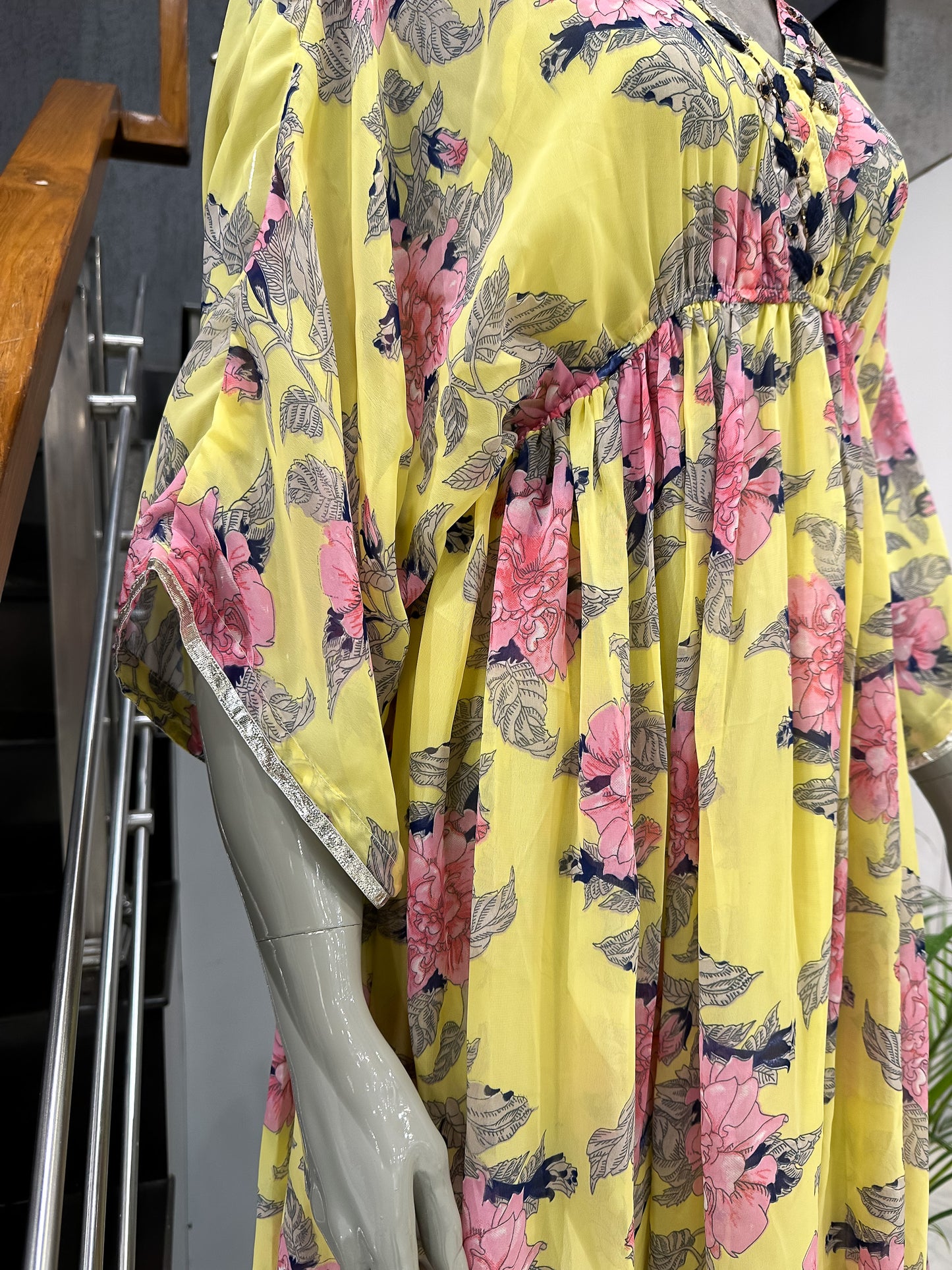 Yellow Floral Georgette Gown with Cotton Inner | Lightweight Flow Dress