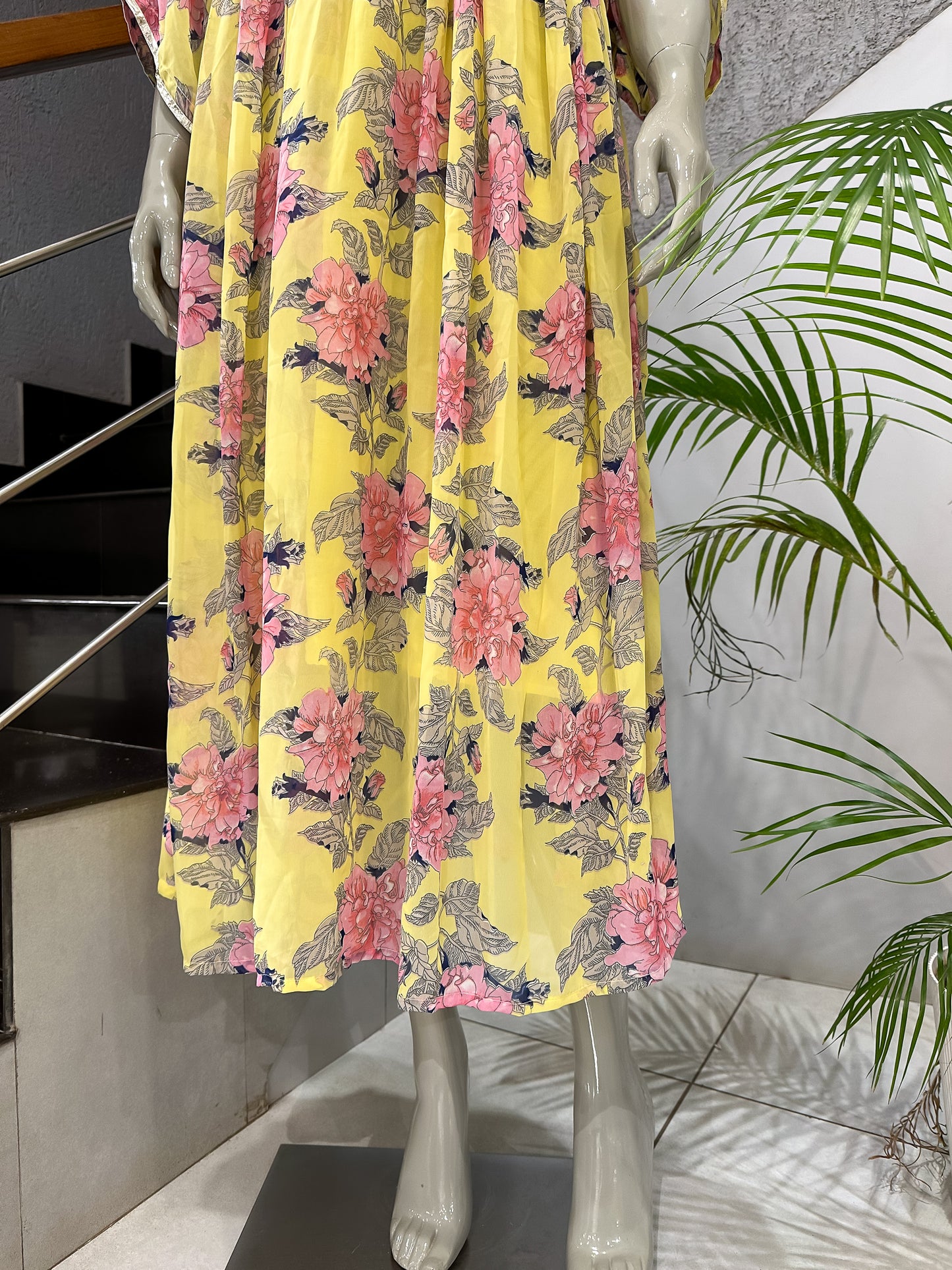 Yellow Floral Georgette Gown with Cotton Inner | Lightweight Flow Dress