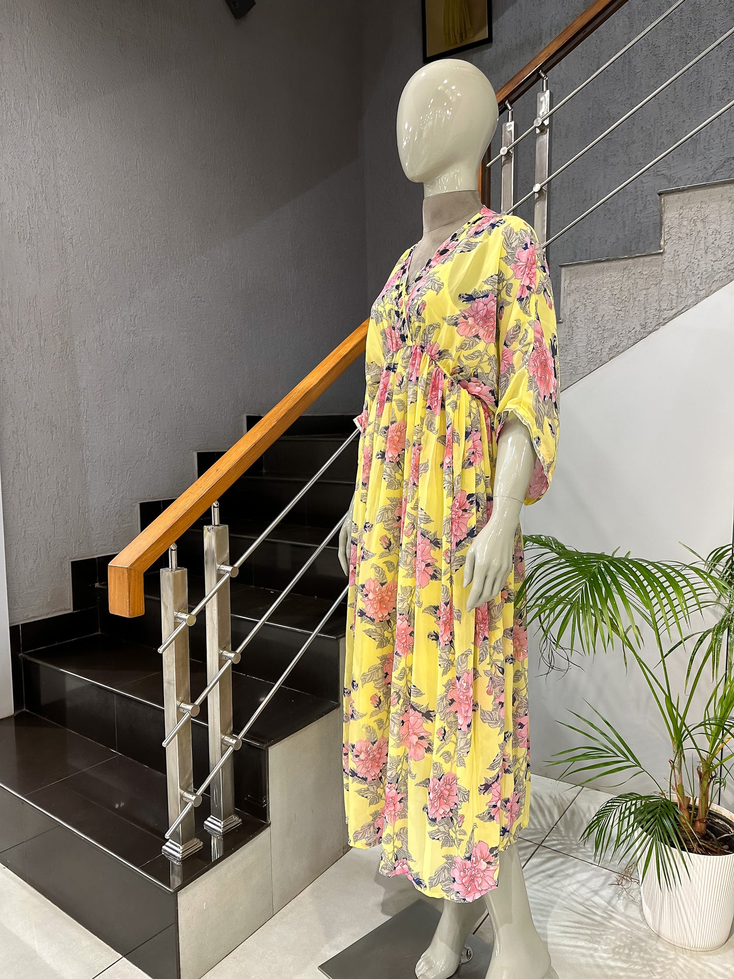 Yellow Floral Georgette Gown with Cotton Inner | Lightweight Flow Dress