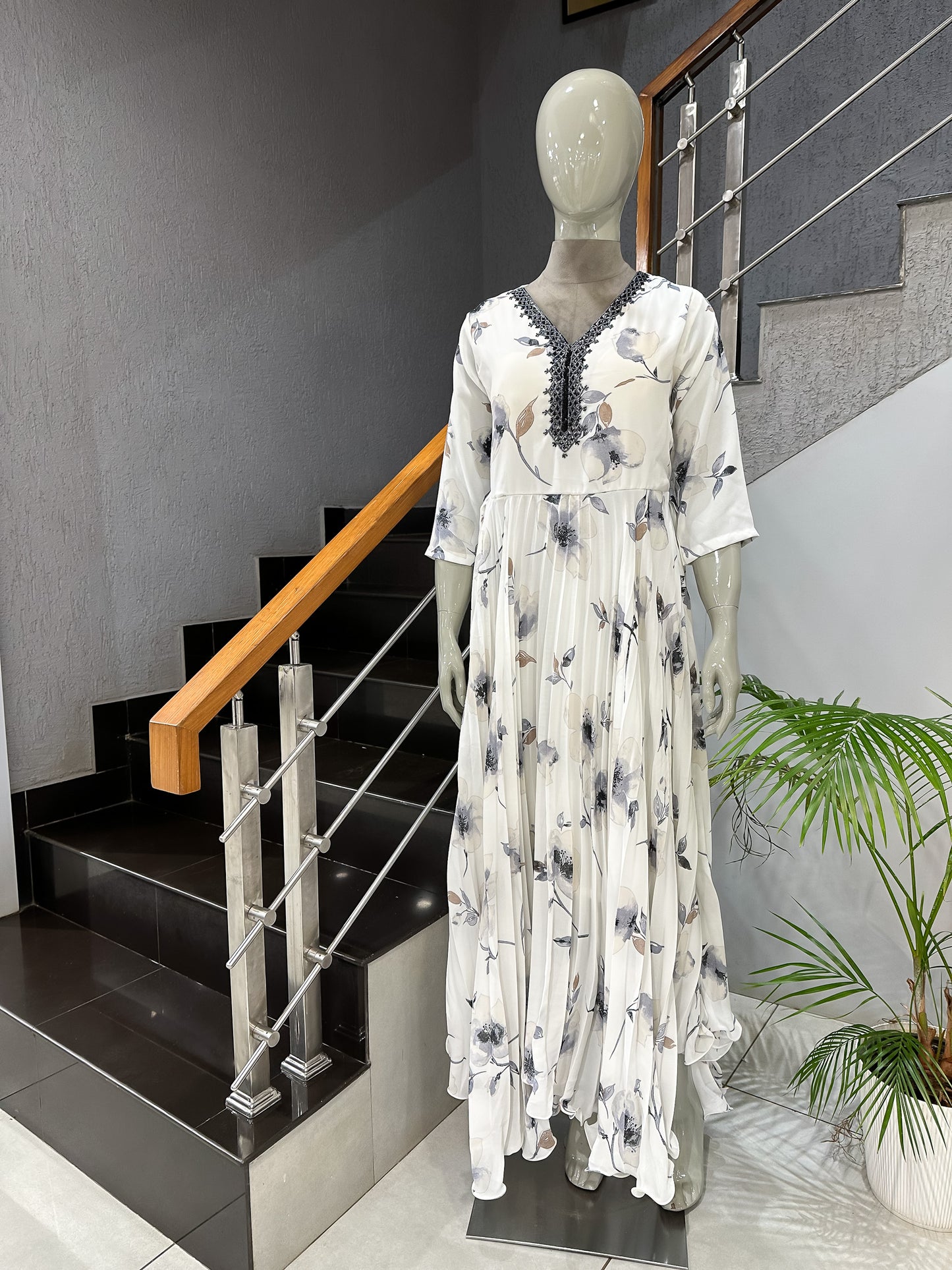 Elegant White Floral Georgette Long Gown with Embellished Neck | Flow Maxi Dress