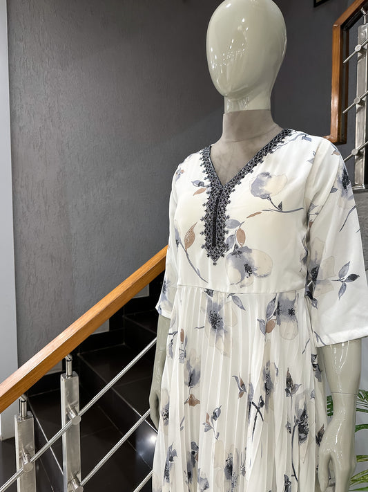 Elegant White Floral Georgette Long Gown with Embellished Neck | Flow Maxi Dress
