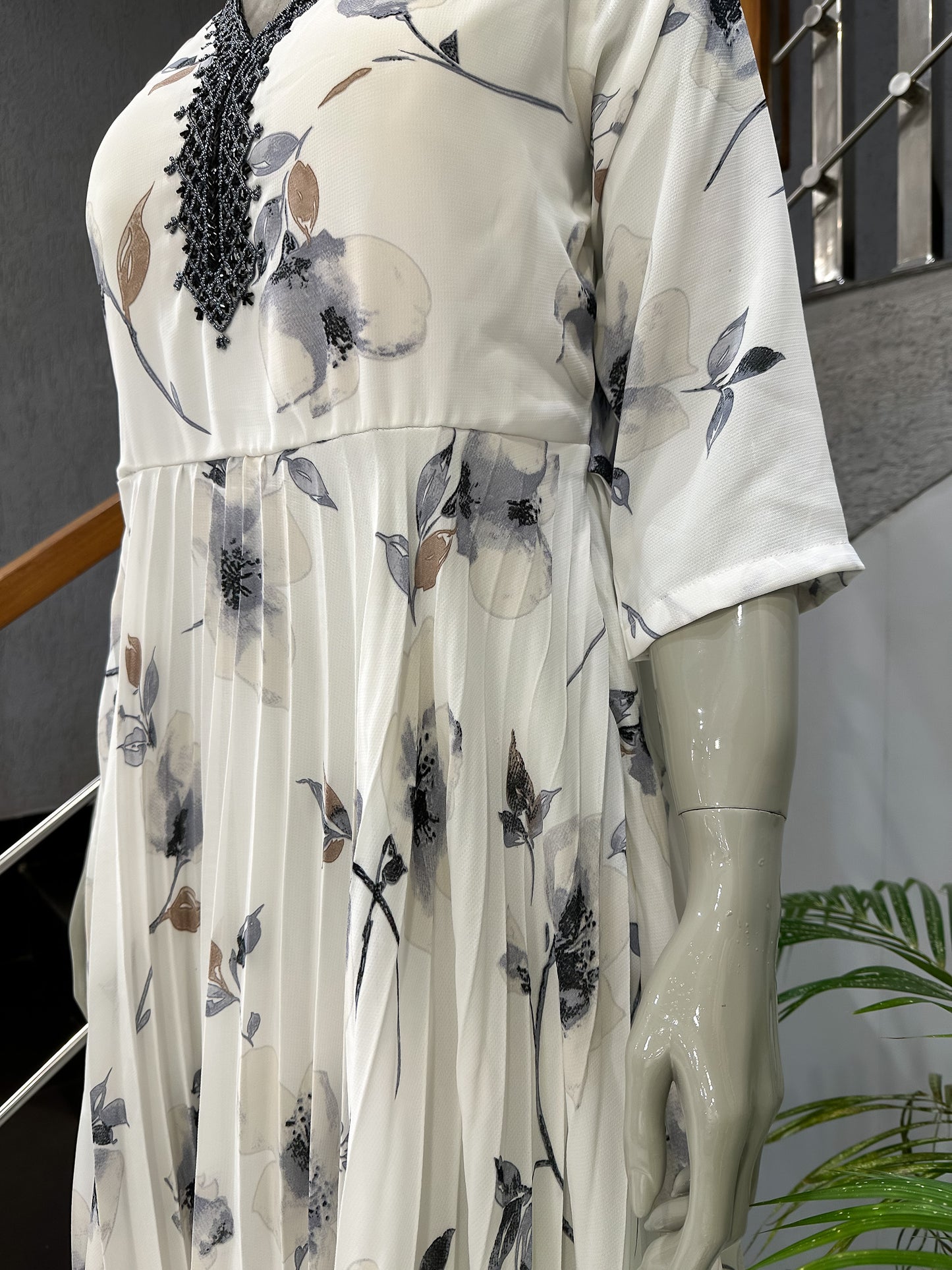 Elegant White Floral Georgette Long Gown with Embellished Neck | Flow Maxi Dress