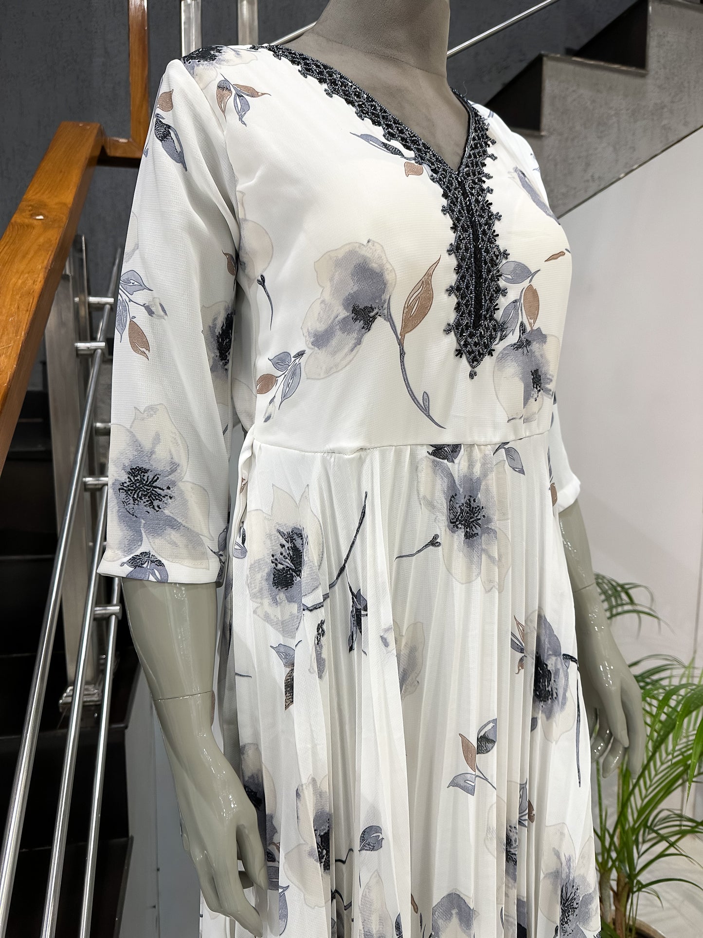 Elegant White Floral Georgette Long Gown with Embellished Neck | Flow Maxi Dress