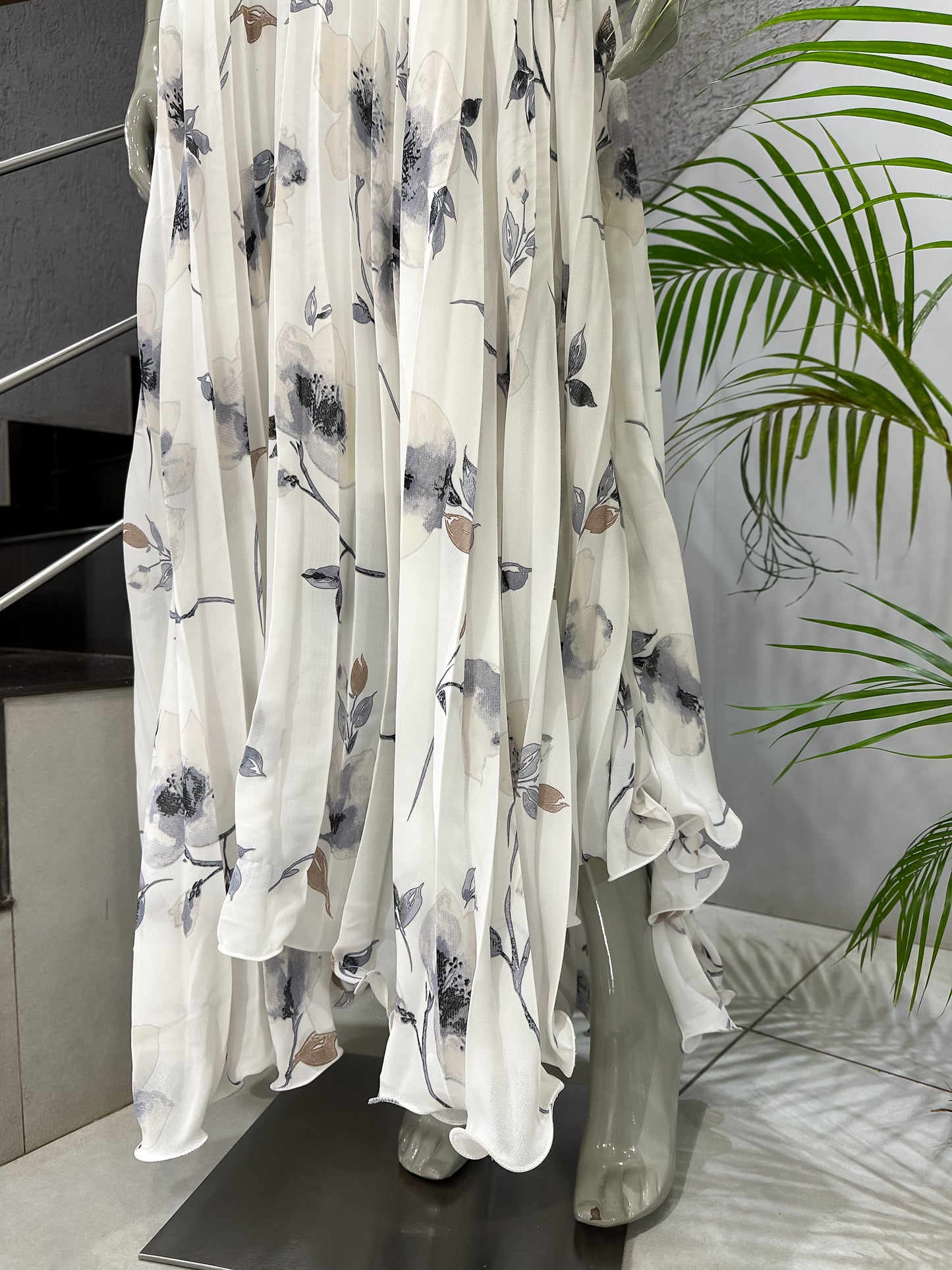Elegant White Floral Georgette Long Gown with Embellished Neck | Flow Maxi Dress