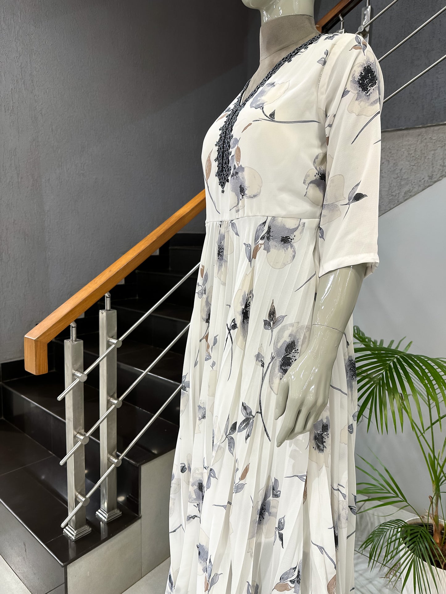 Elegant White Floral Georgette Long Gown with Embellished Neck | Flow Maxi Dress