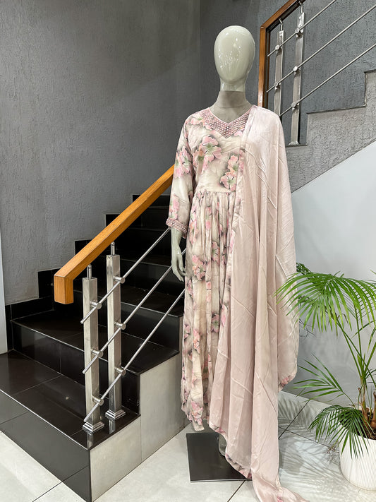 Pastel Floral Chiffon Long Gown Set with Dupatta | Elegant Party Wear Maxi Dress