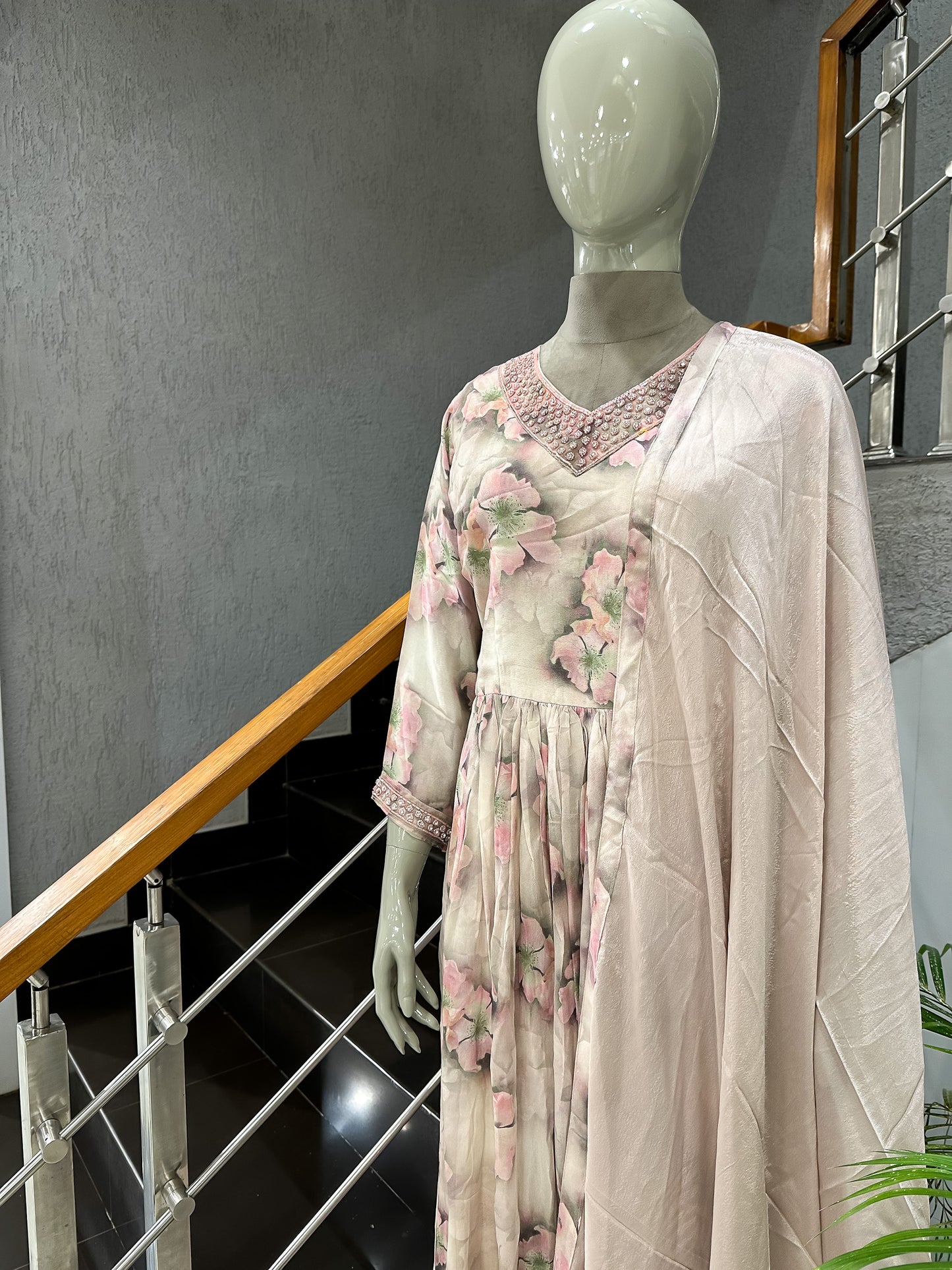 Pastel Floral Chiffon Long Gown Set with Dupatta | Elegant Party Wear Maxi Dress