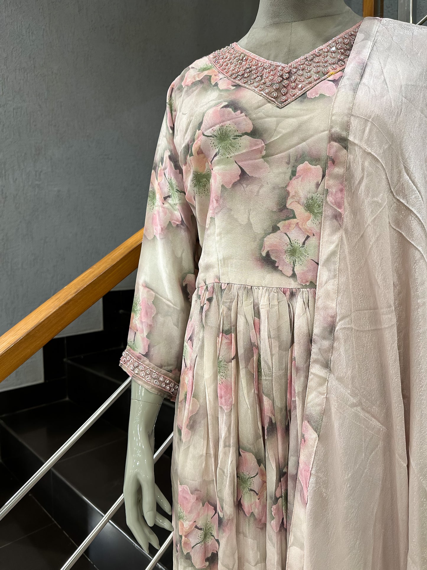 Pastel Floral Chiffon Long Gown Set with Dupatta | Elegant Party Wear Maxi Dress