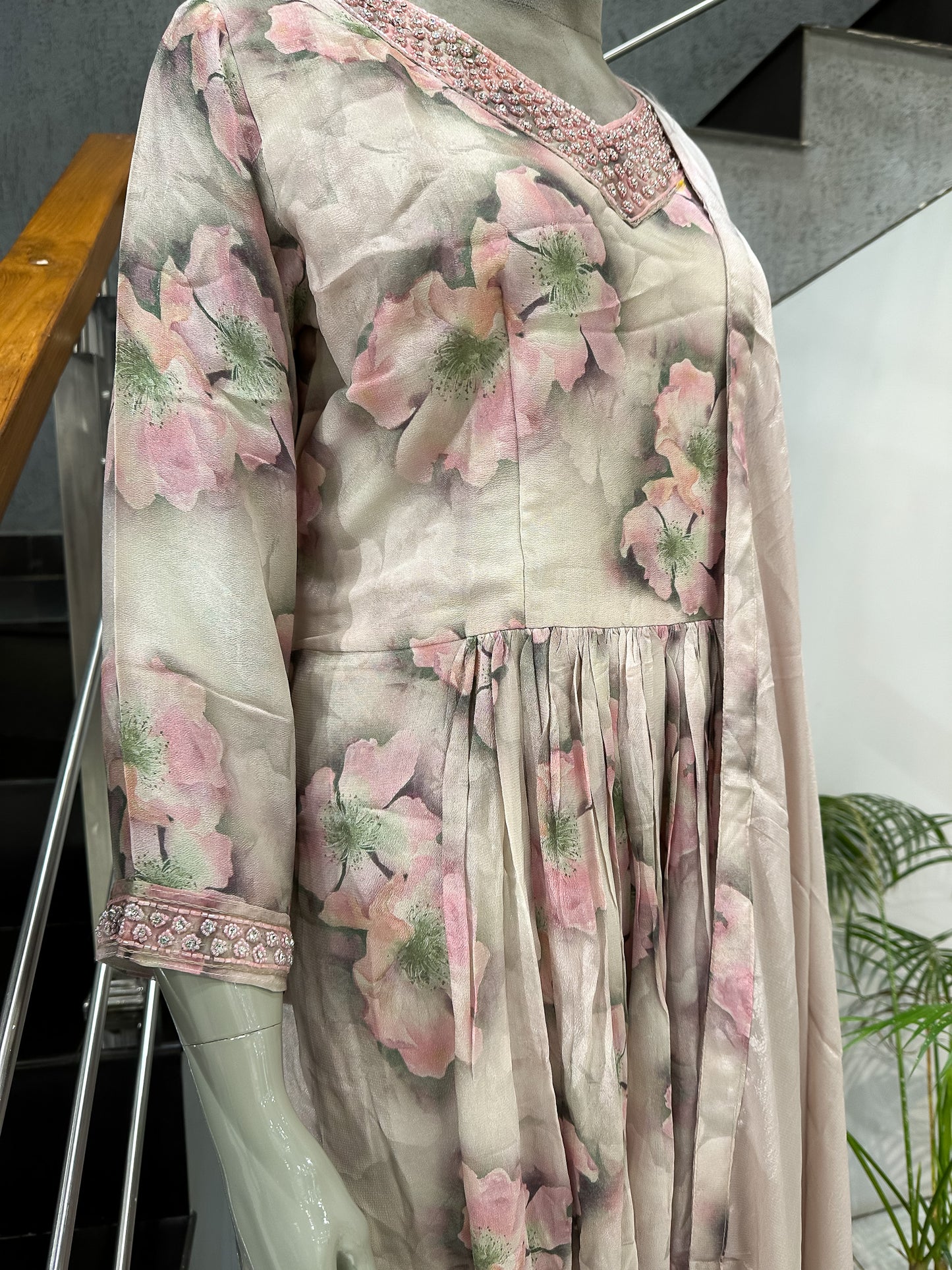Pastel Floral Chiffon Long Gown Set with Dupatta | Elegant Party Wear Maxi Dress