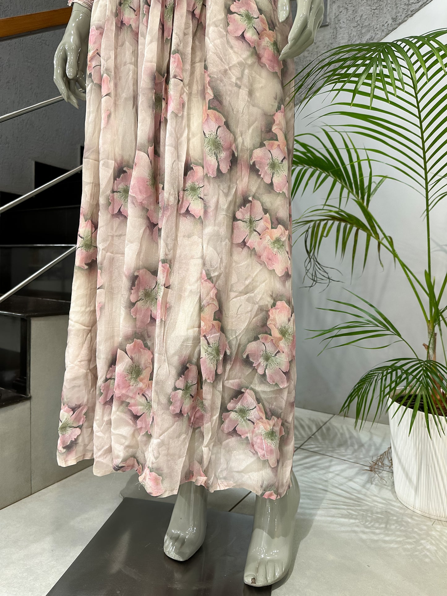 Pastel Floral Chiffon Long Gown Set with Dupatta | Elegant Party Wear Maxi Dress
