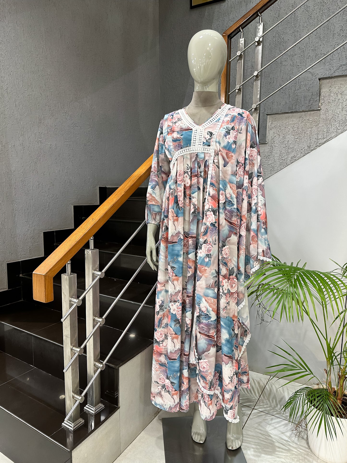 Abstract Floral Crepe Long Gown Set with Dupatta | Elegant Flowy Maxi Dress
