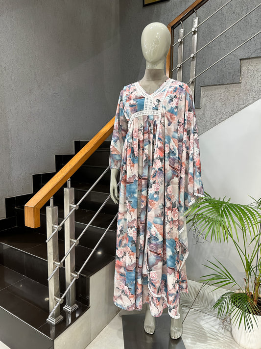 Abstract Floral Crepe Long Gown Set with Dupatta | Elegant Flowy Maxi Dress