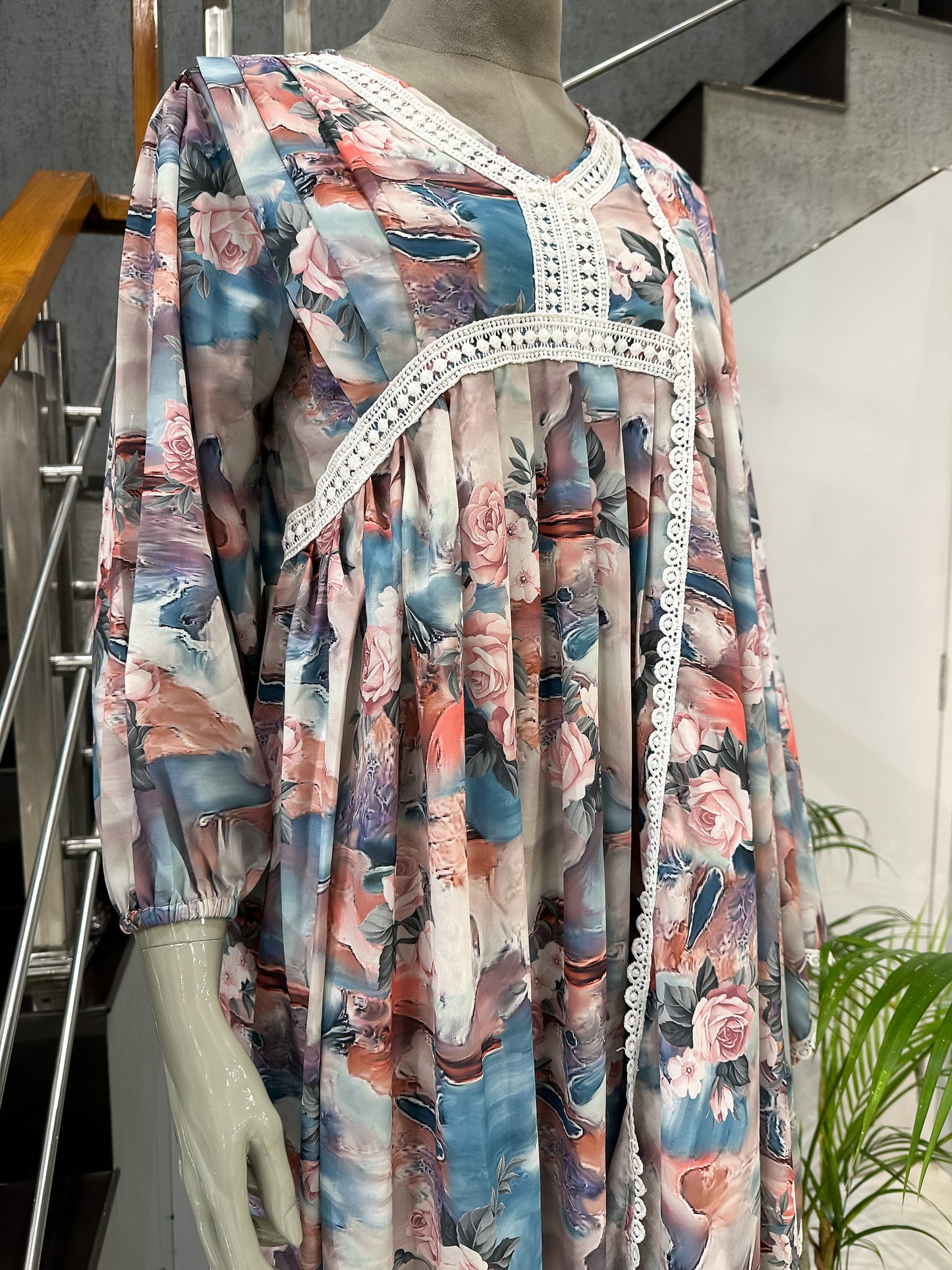 Abstract Floral Crepe Long Gown Set with Dupatta | Elegant Flowy Maxi Dress