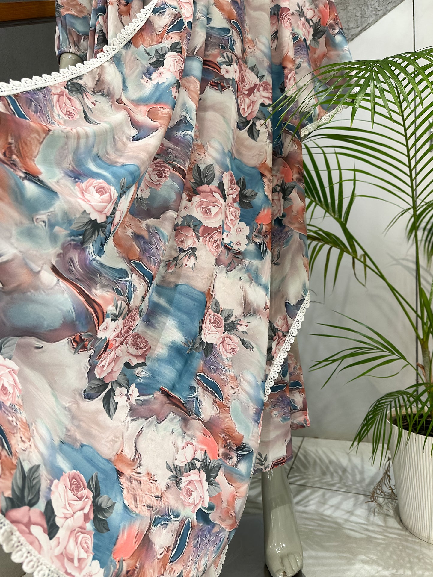 Abstract Floral Crepe Long Gown Set with Dupatta | Elegant Flowy Maxi Dress