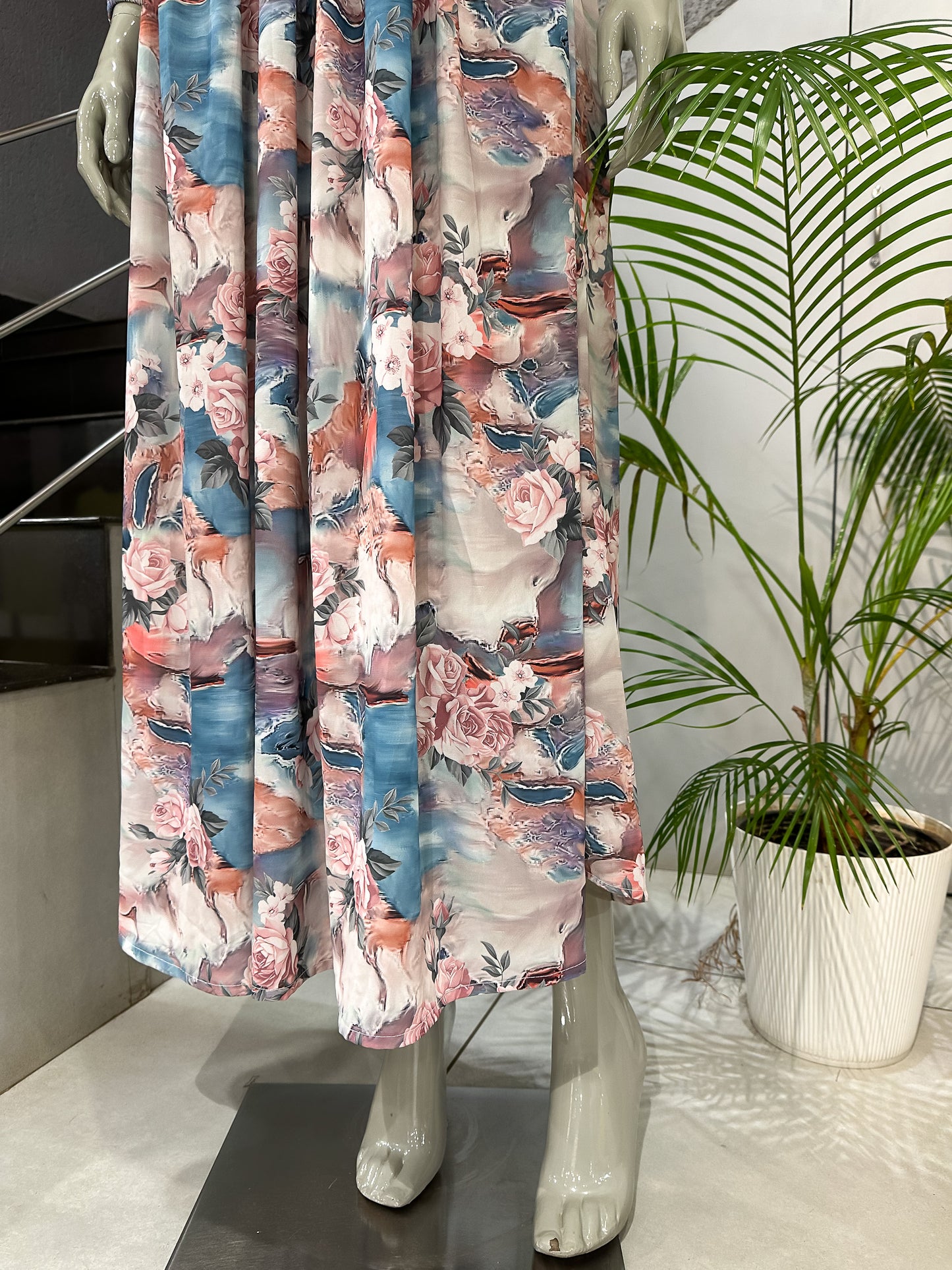 Abstract Floral Crepe Long Gown Set with Dupatta | Elegant Flowy Maxi Dress