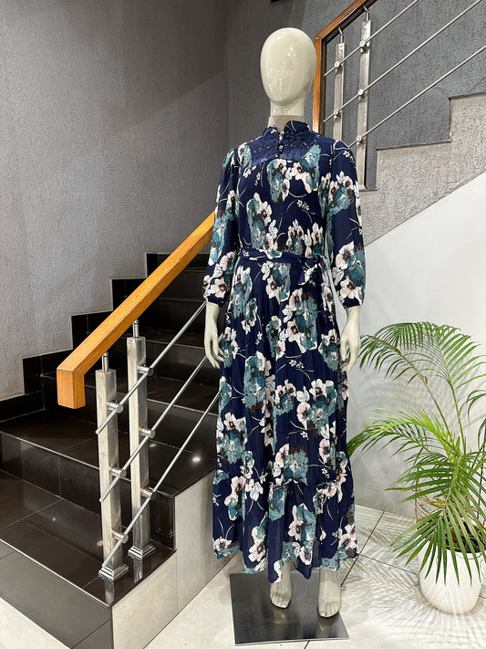 Navy Floral Chiffon Long Gown with Belt | Elegant Pleated Maxi Dress