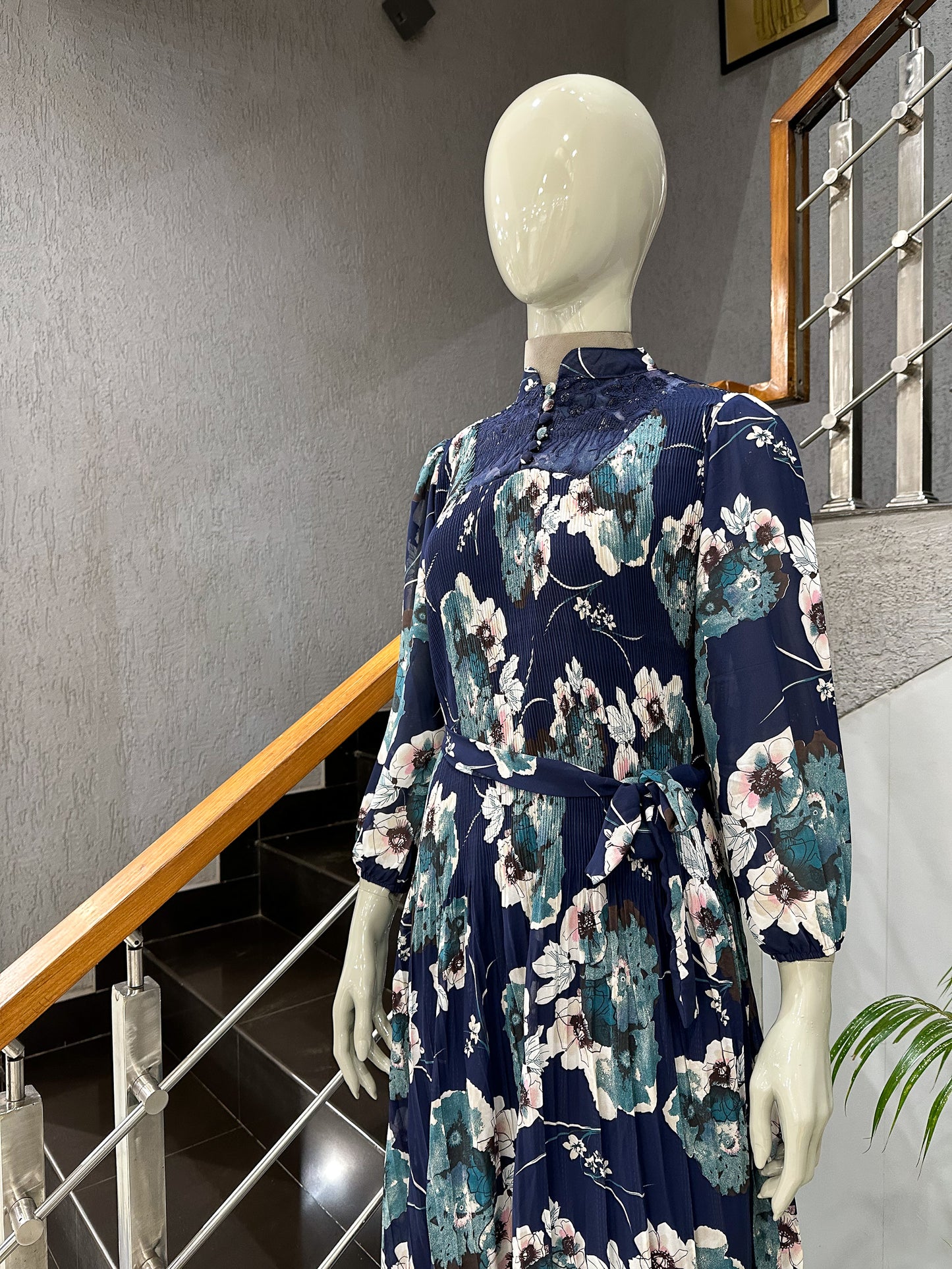 Navy Floral Chiffon Long Gown with Belt | Elegant Pleated Maxi Dress