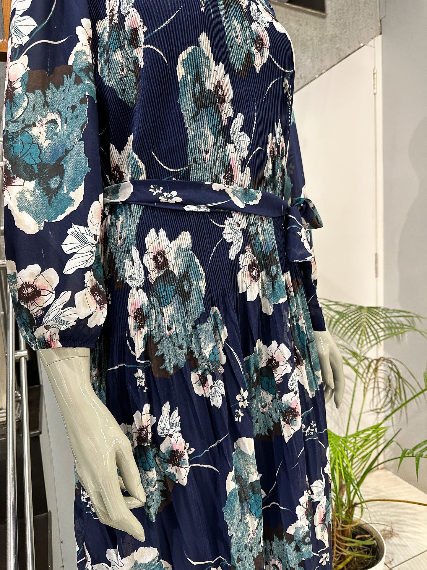 Navy Floral Chiffon Long Gown with Belt | Elegant Pleated Maxi Dress