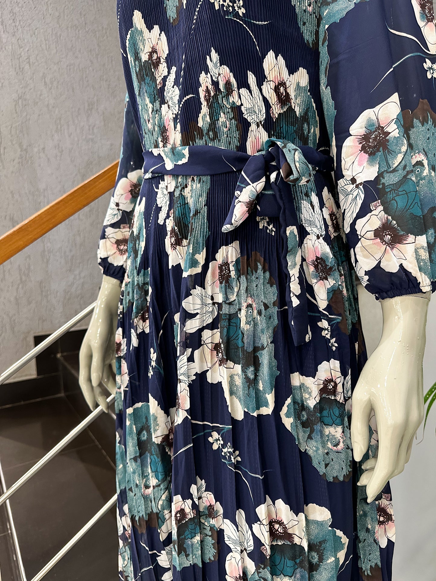 Navy Floral Chiffon Long Gown with Belt | Elegant Pleated Maxi Dress