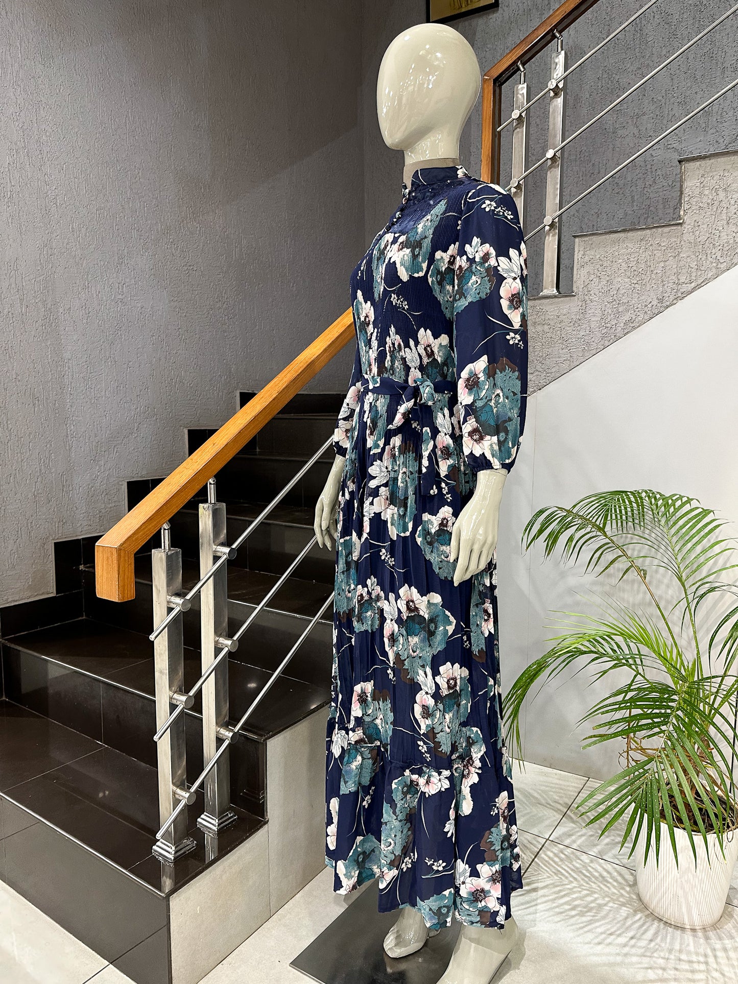 Navy Floral Chiffon Long Gown with Belt | Elegant Pleated Maxi Dress