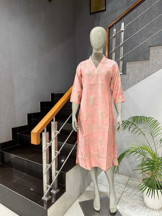 Luxury Muslin Kurta for Women – Peach Printed Straight Kurta