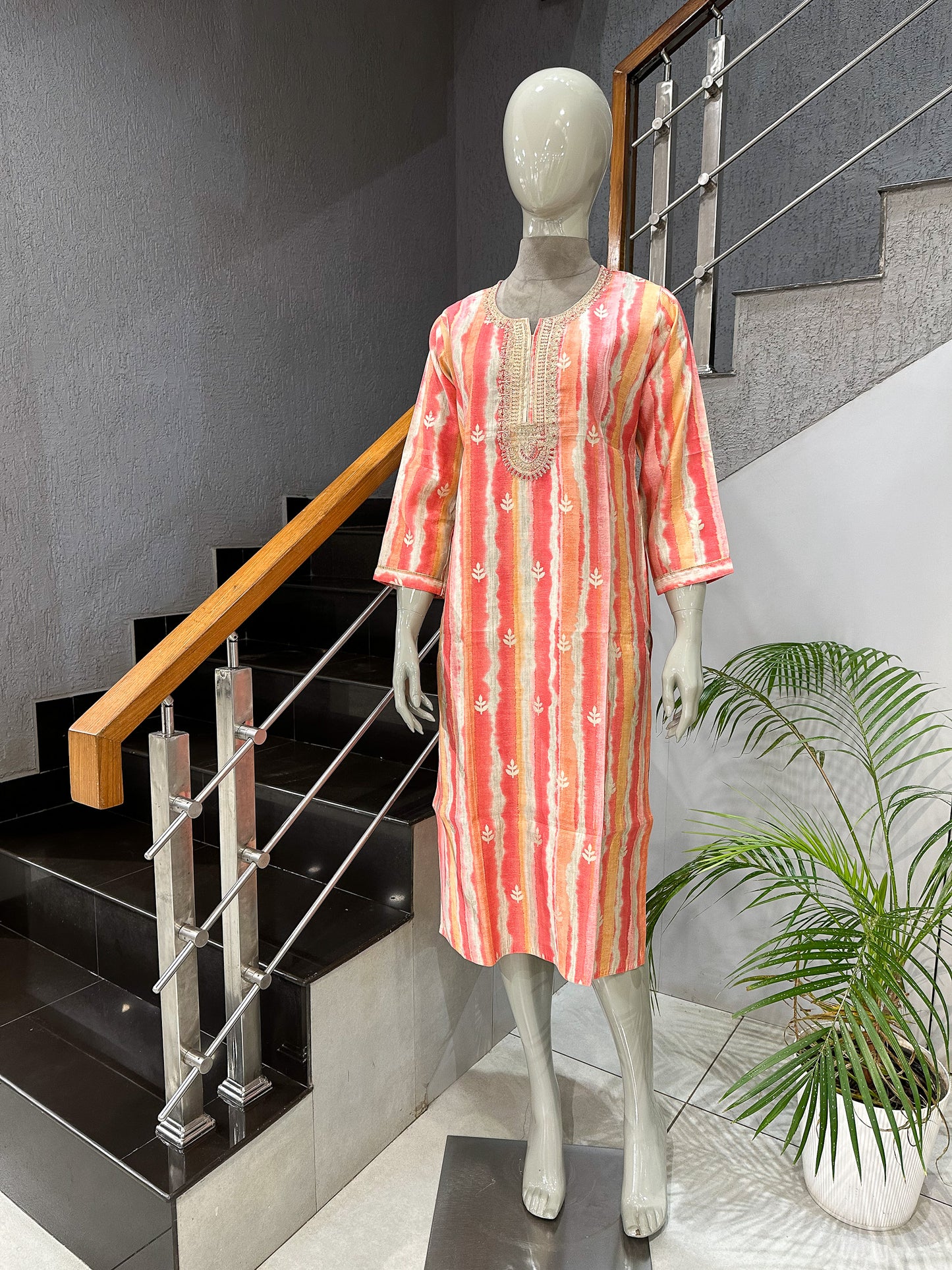 Elegant Printed Muslin Long Kurta with Embroidered Neck