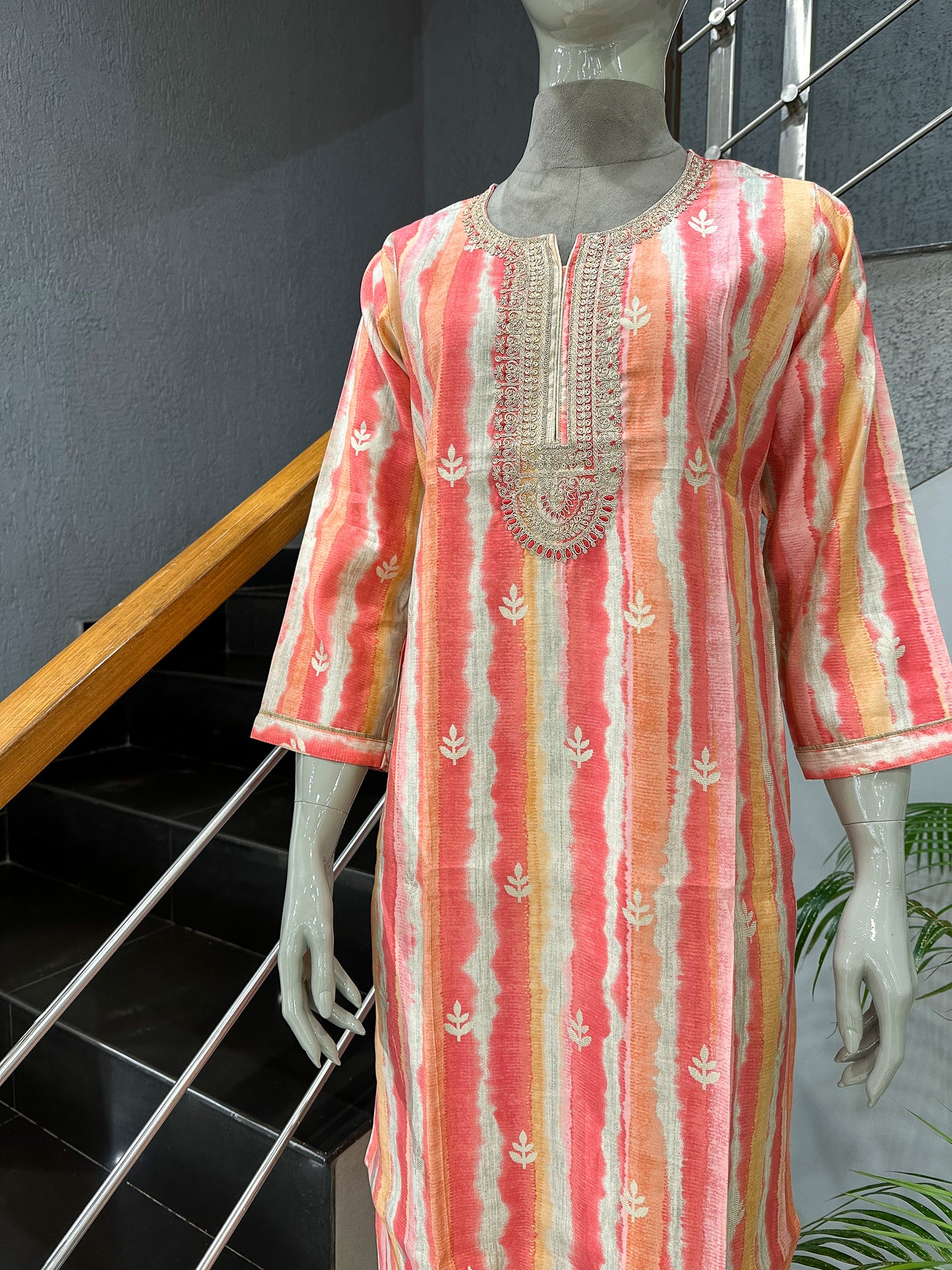 Elegant Printed Muslin Long Kurta with Embroidered Neck