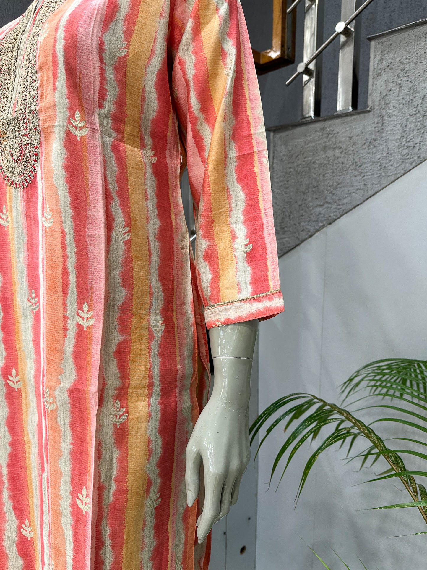 Elegant Printed Muslin Long Kurta with Embroidered Neck