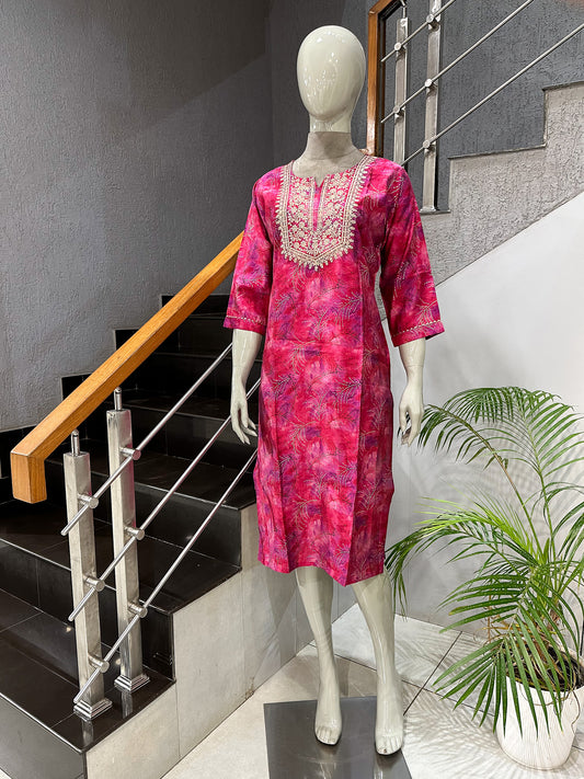 Designer Rani Pink Muslin Kurta with Embroidery