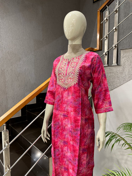 Designer Rani Pink Muslin Kurta with Embroidery