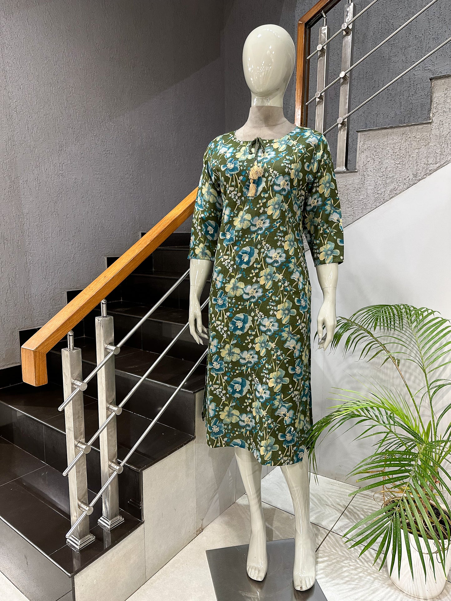 Olive Floral Cotton Kurti