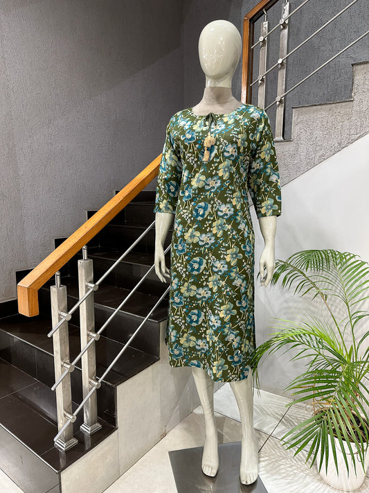 Olive Floral Cotton Kurti