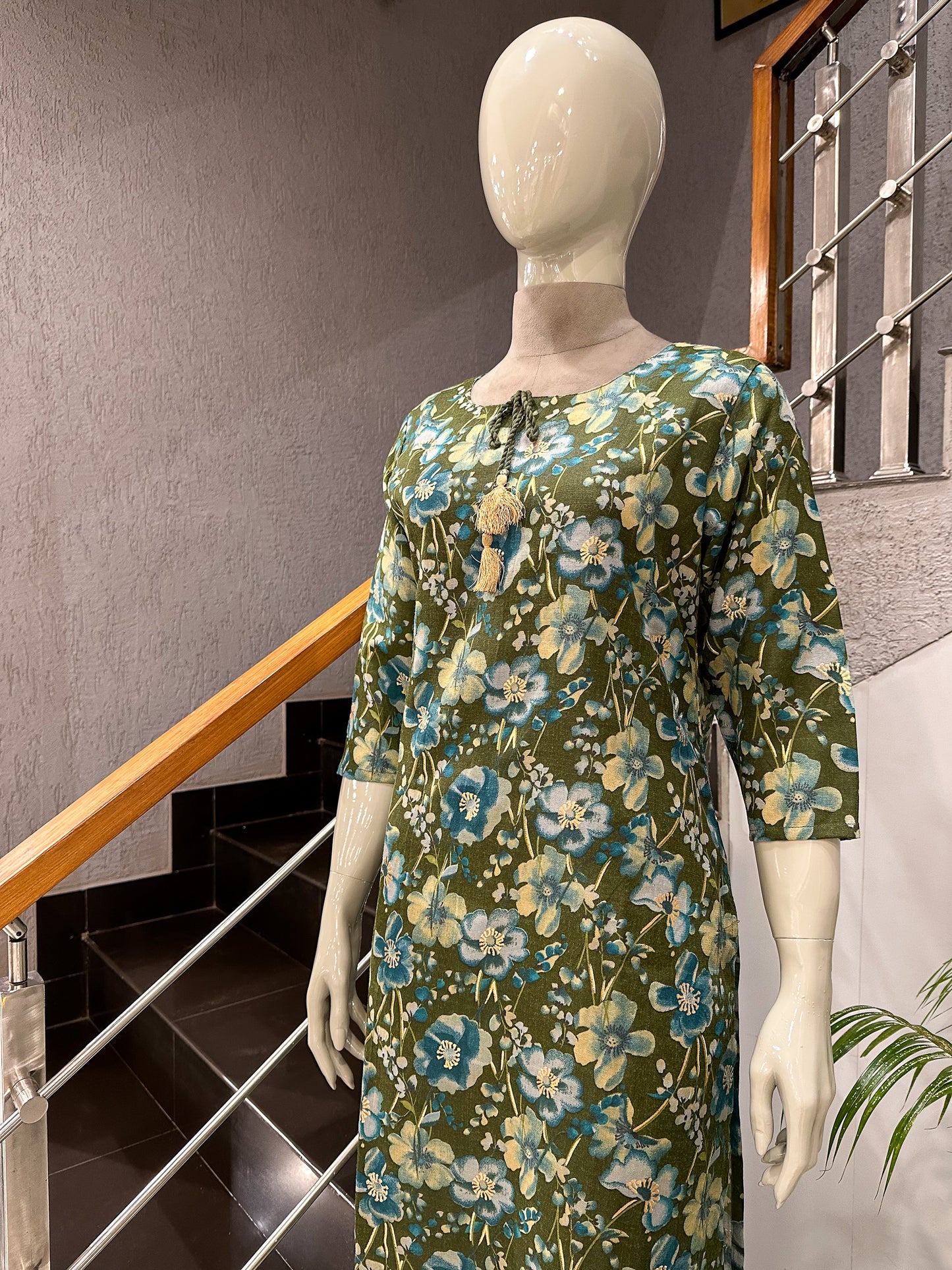 Olive Floral Cotton Kurti