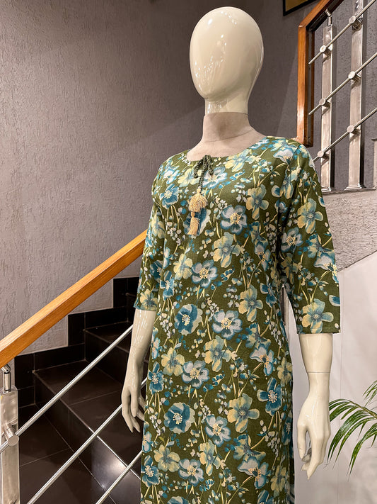 Olive Floral Cotton Kurti