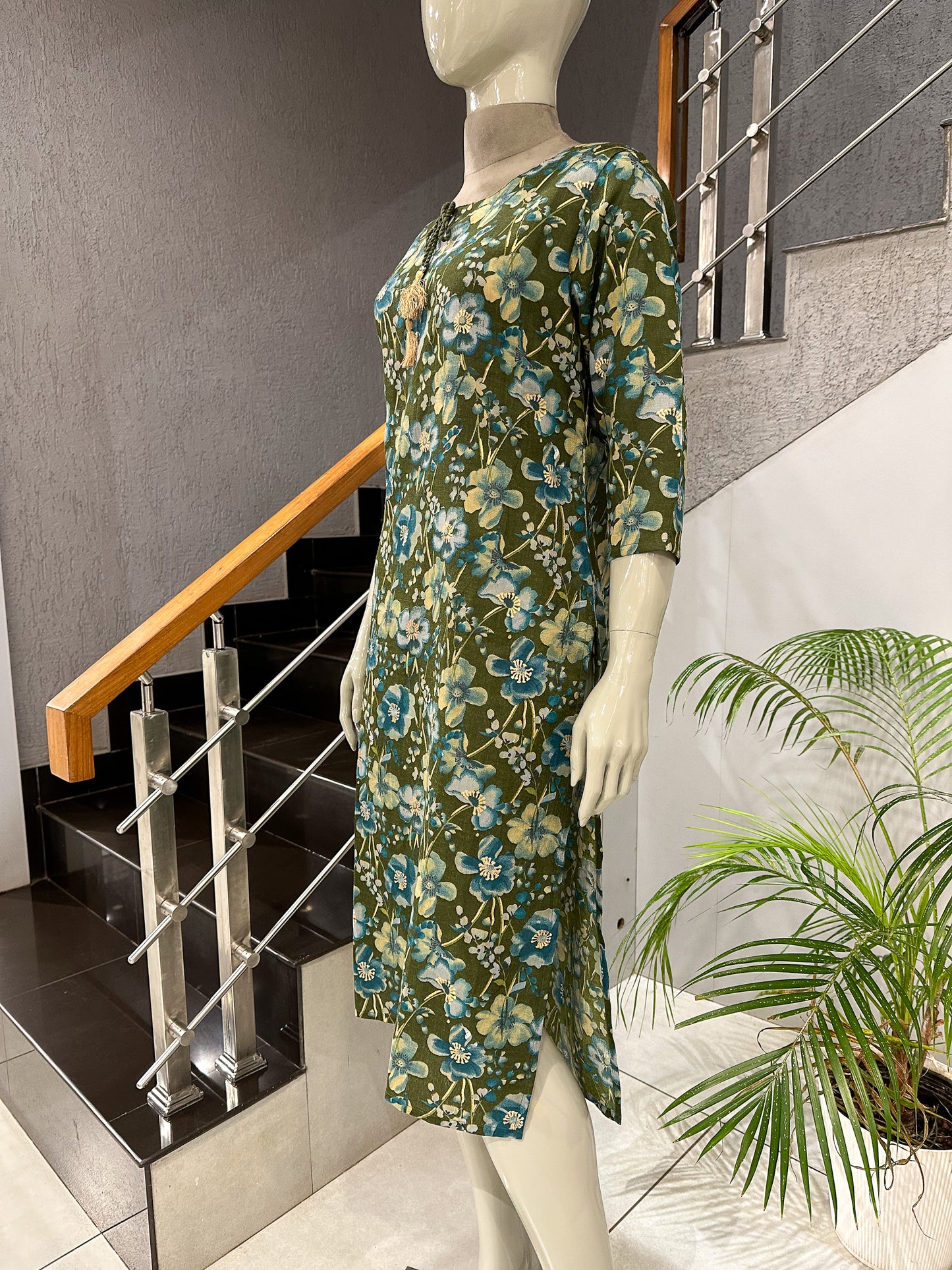 Olive Floral Cotton Kurti