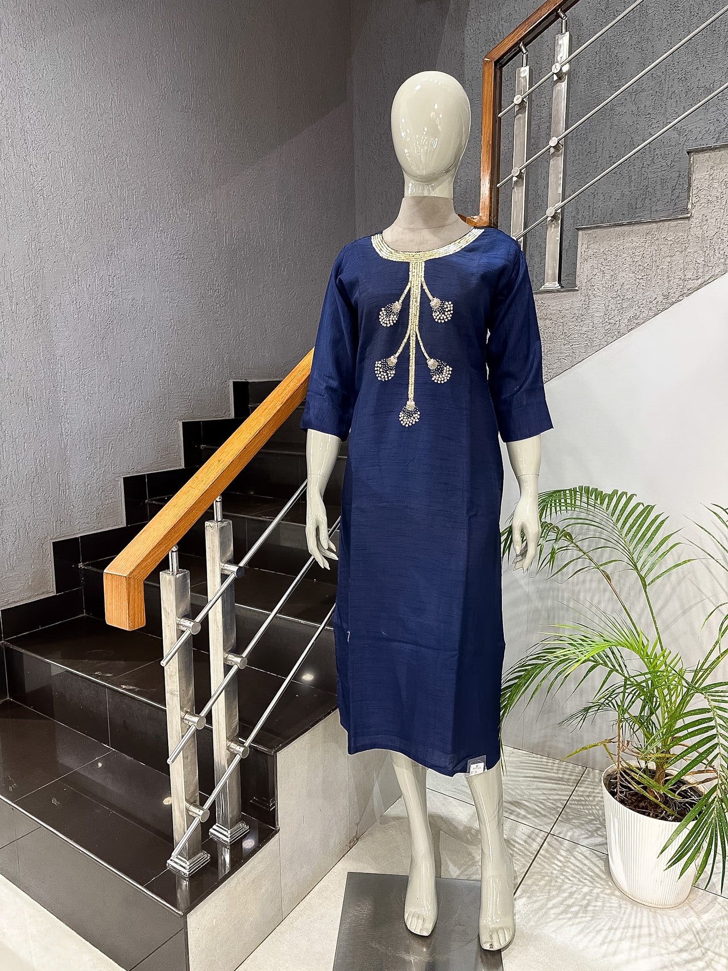 Navy Blue Dola Silk Embroidered Straight Kurta for Women | Premium Ethnic Wear Kurti