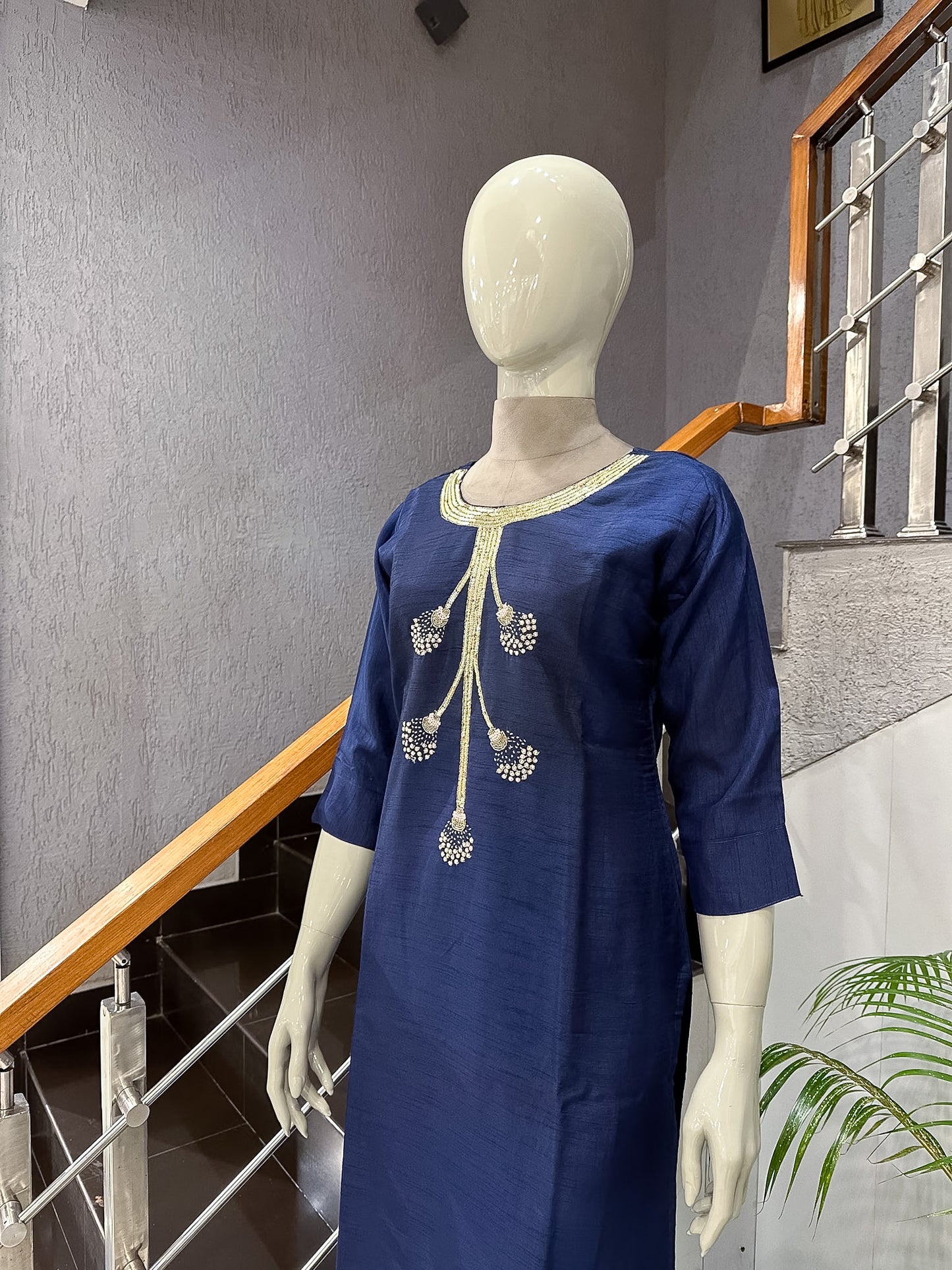 Navy Blue Dola Silk Embroidered Straight Kurta for Women | Premium Ethnic Wear Kurti
