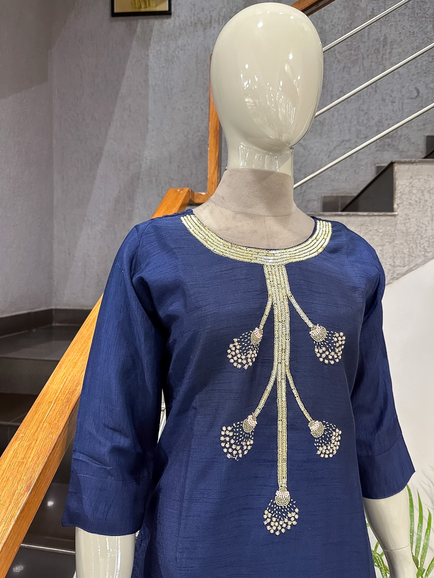 Navy Blue Dola Silk Embroidered Straight Kurta for Women | Premium Ethnic Wear Kurti