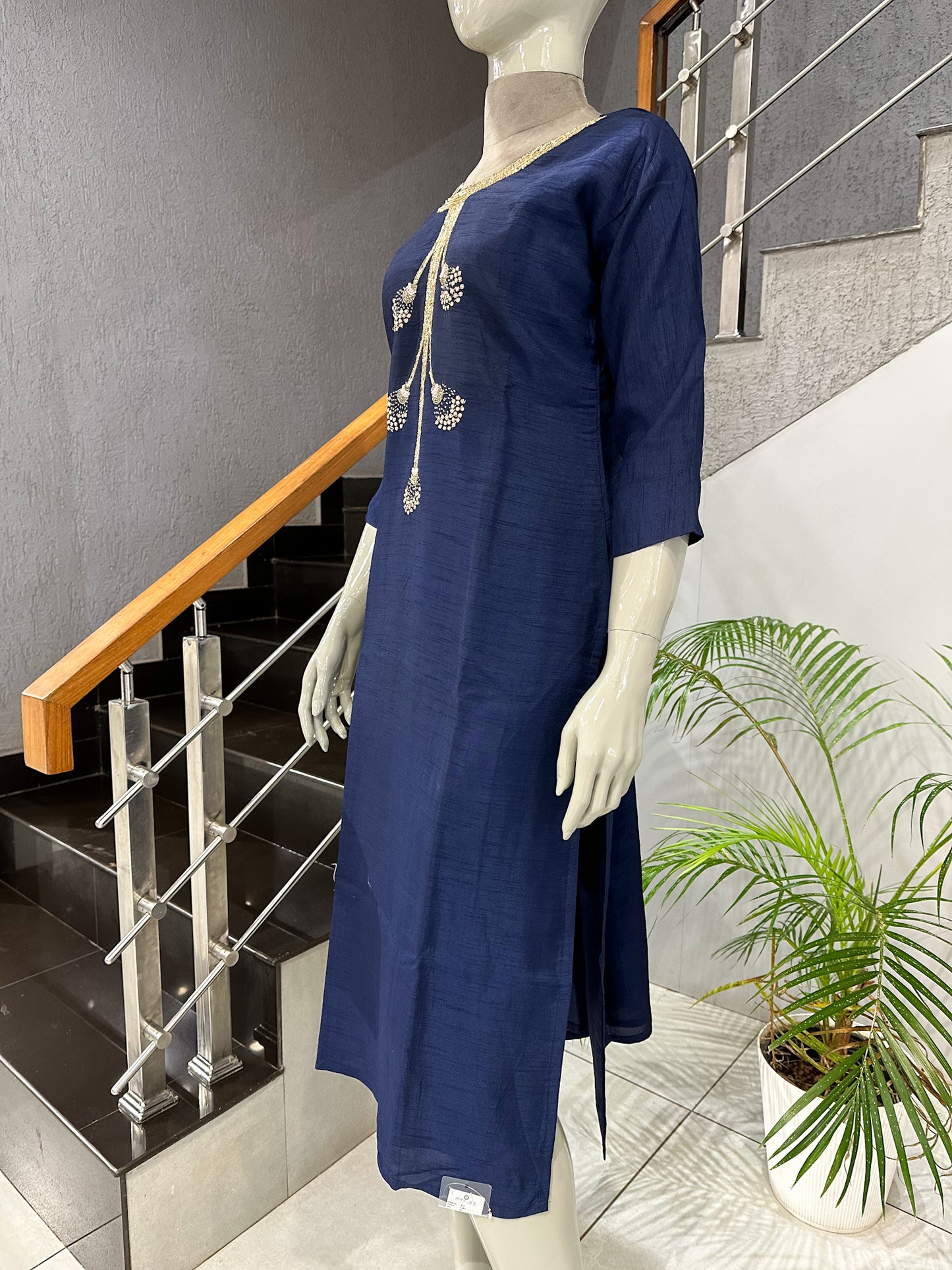 Navy Blue Dola Silk Embroidered Straight Kurta for Women | Premium Ethnic Wear Kurti