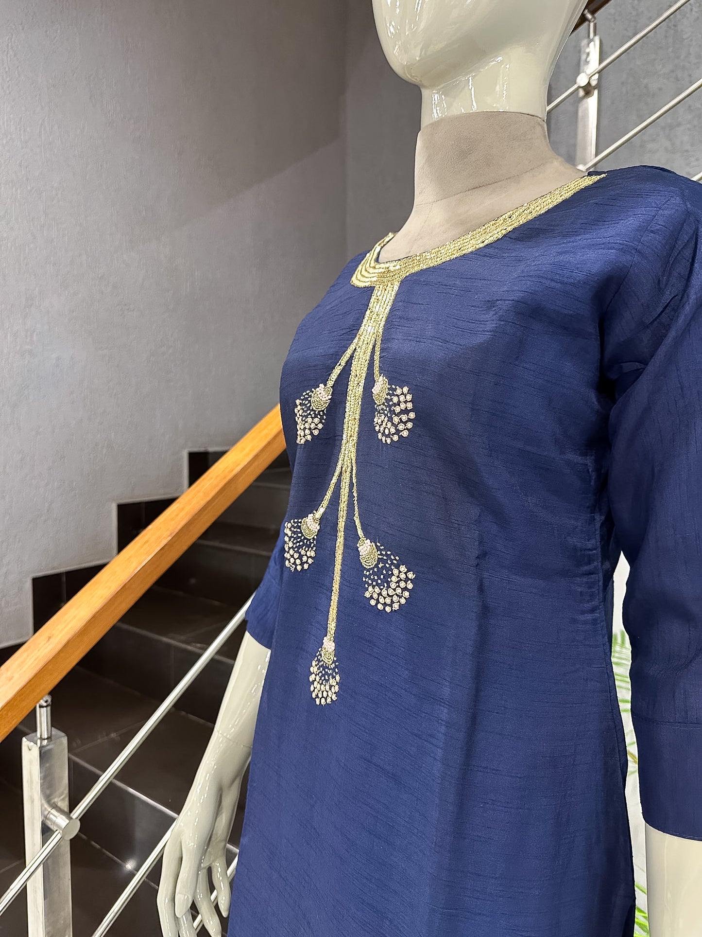 Navy Blue Dola Silk Embroidered Straight Kurta for Women | Premium Ethnic Wear Kurti