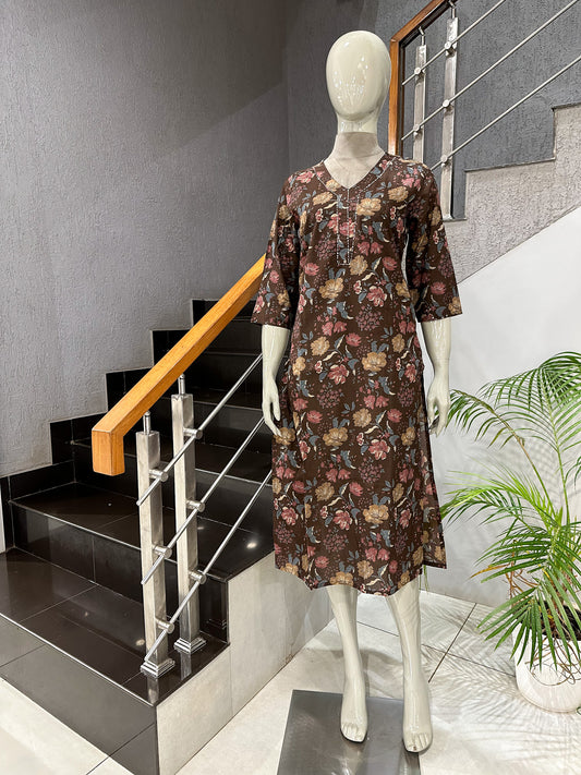 Brown Floral Print Cotton Kurta for Women | Elegant Casual Ethnic Wear Kurti
