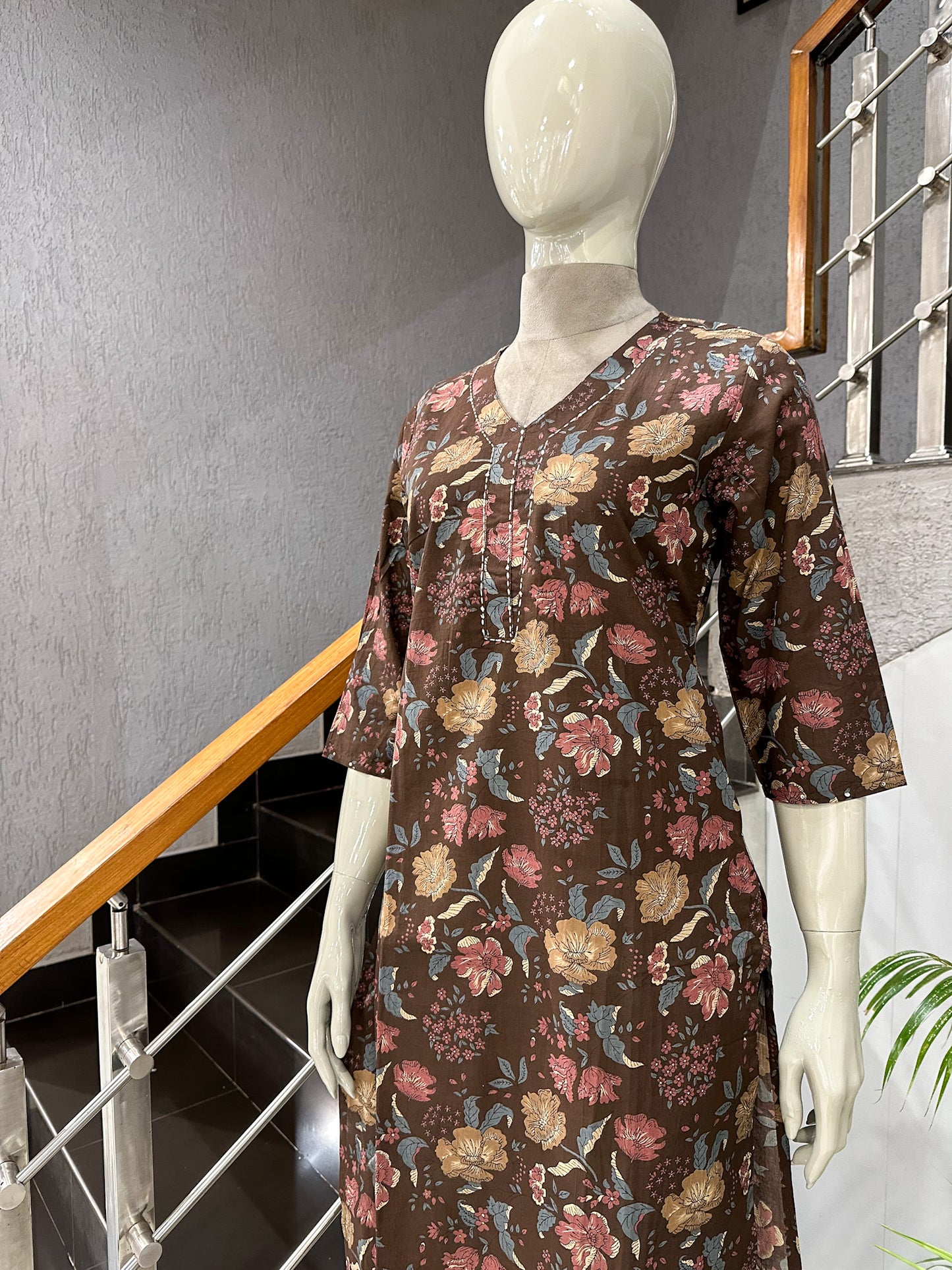 Brown Floral Print Cotton Kurta for Women | Elegant Casual Ethnic Wear Kurti