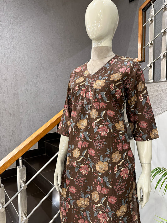 Brown Floral Print Cotton Kurta for Women | Elegant Casual Ethnic Wear Kurti