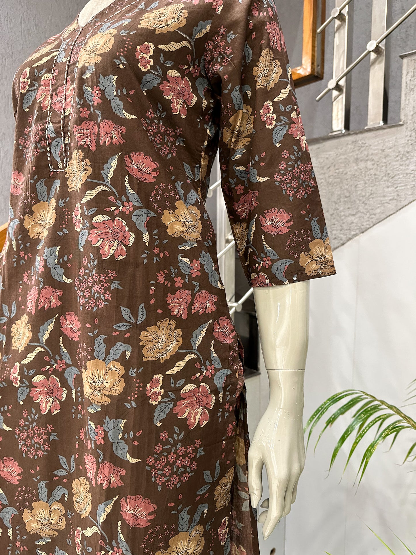 Brown Floral Print Cotton Kurta for Women | Elegant Casual Ethnic Wear Kurti