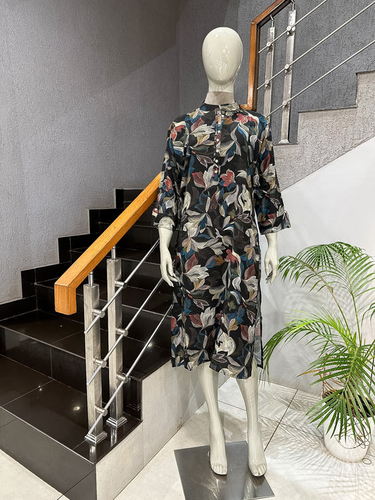 Black Abstract Floral Rayon Kurta for Women | Premium Casual Ethnic Wear Kurti