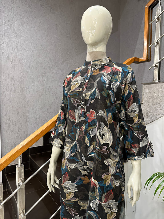 Black Abstract Floral Rayon Kurta for Women | Premium Casual Ethnic Wear Kurti