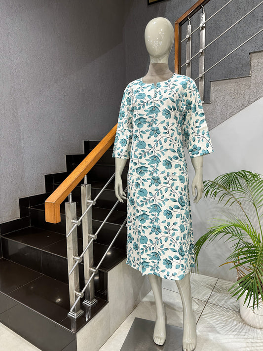 White Floral Cotton Kurta for Women | Premium Casual Printed Ethnic Wear Kurti