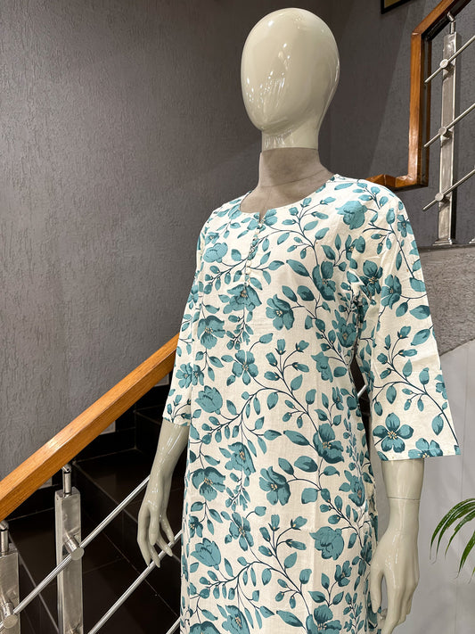 White Floral Cotton Kurta for Women | Premium Casual Printed Ethnic Wear Kurti